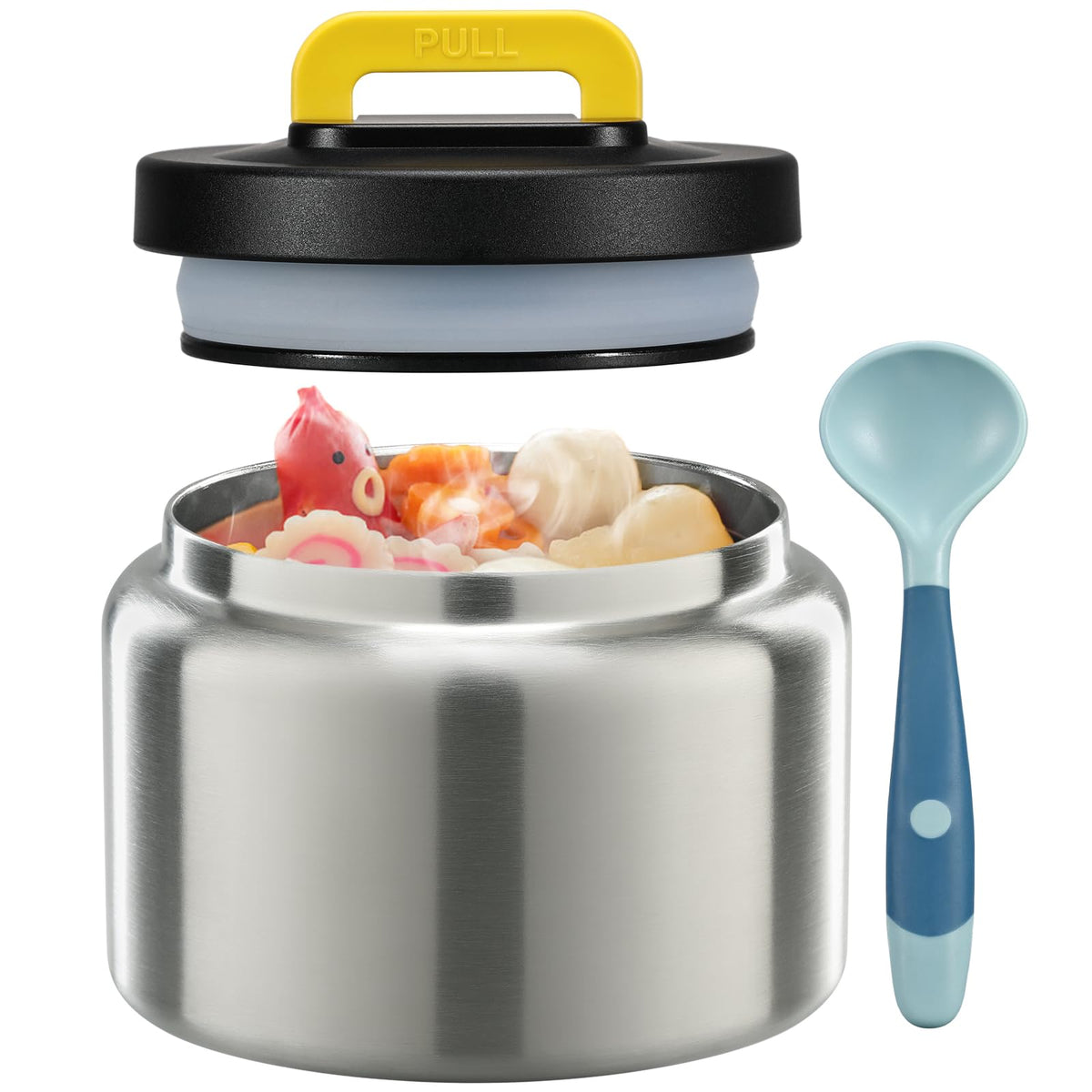 8oz Soup Thermo for Hot Food KidsLunch Thermo Kids Food Jar with Spoon Hot Insulated Food ContainersLeak Proof Stainless Steel Wide Mouth Lunch Food Thermo Jar for School (Stainless Steel-Black Lid)