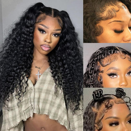 Ablvari 13x6 Deep Wave Lace Front Wigs Human Hair 180% Density 13x6 HD Lace Front Wigs Human Hair Glueless Wigs for Black Women Pre Plucked with Baby Hair Natural Color 20 Inch