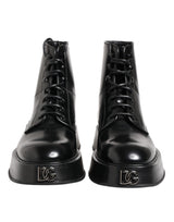 Dolce & Gabbana Black Leather Logo Ankle Boots Lace Up Shoes