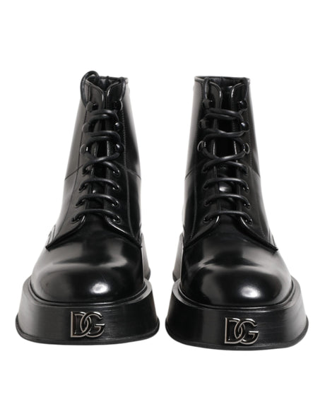 Dolce & Gabbana Black Leather Logo Ankle Boots Lace Up Shoes