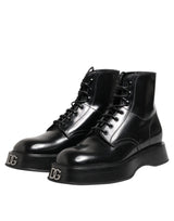 Dolce & Gabbana Black Leather Logo Ankle Boots Lace Up Shoes