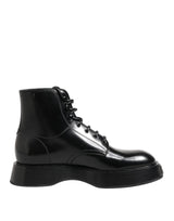 Dolce & Gabbana Black Leather Logo Ankle Boots Lace Up Shoes