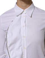 AGLINI White Cotton Collared Long Sleeves Ruffle Top Shirt