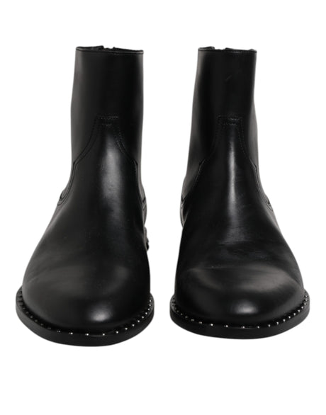 Dolce & Gabbana Black Leather Logo Ankle Boots Studded Shoes