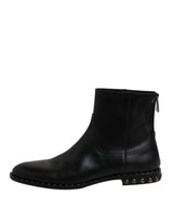 Dolce & Gabbana Black Leather Logo Ankle Boots Studded Shoes