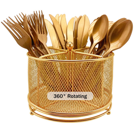 DysanVica 360° Rotating Metal Utensil Caddy - 4 Compartment Silverware Cutlery Holder Rotation Fork Spoon Napkin Organizer Flatware Storage Basket Party Countertop Buffet Picnic Camping Outdoor Gold