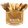 DysanVica 360° Rotating Metal Utensil Caddy - 4 Compartment Silverware Cutlery Holder Rotation Fork Spoon Napkin Organizer Flatware Storage Basket Party Countertop Buffet Picnic Camping Outdoor Gold