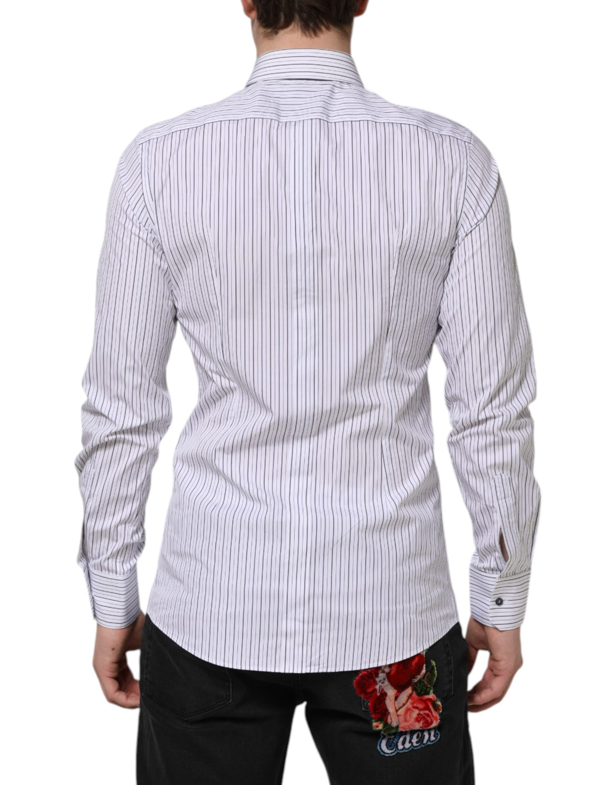 Dolce & Gabbana White Blue Striped Cotton GOLD Formal Shirt