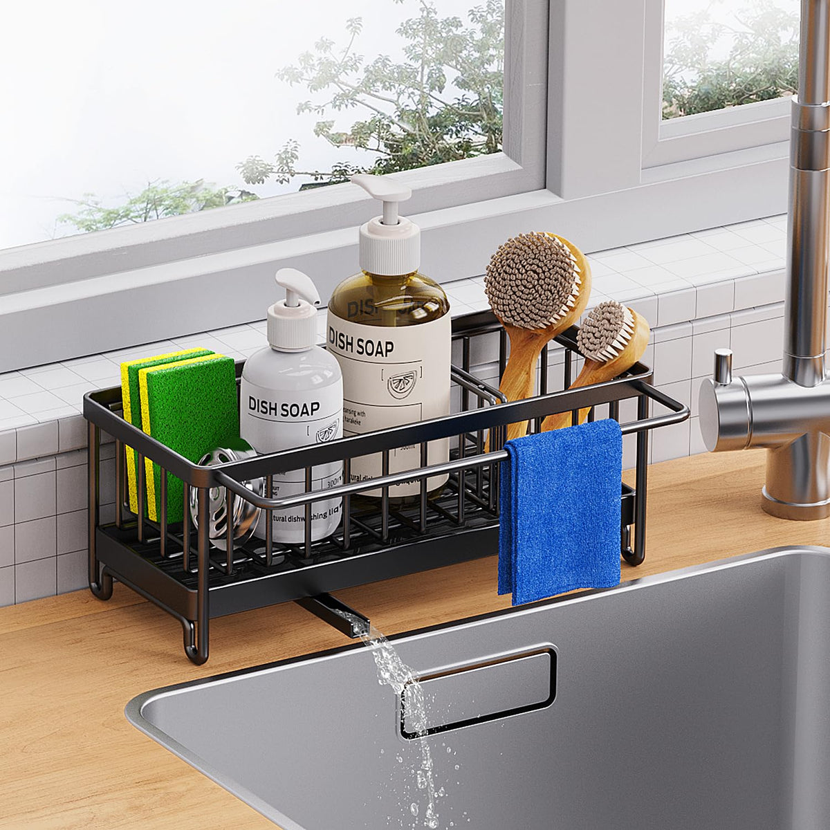 Mythco Kitchen Sink Caddy Organizer Sponge Holder for Kitchen Sink with Auto Draining Tray Dish Cloth Hanger Rustproof 304 Stainless Steel Dish Organizer Divider Soap Dispenser Storage (Black)