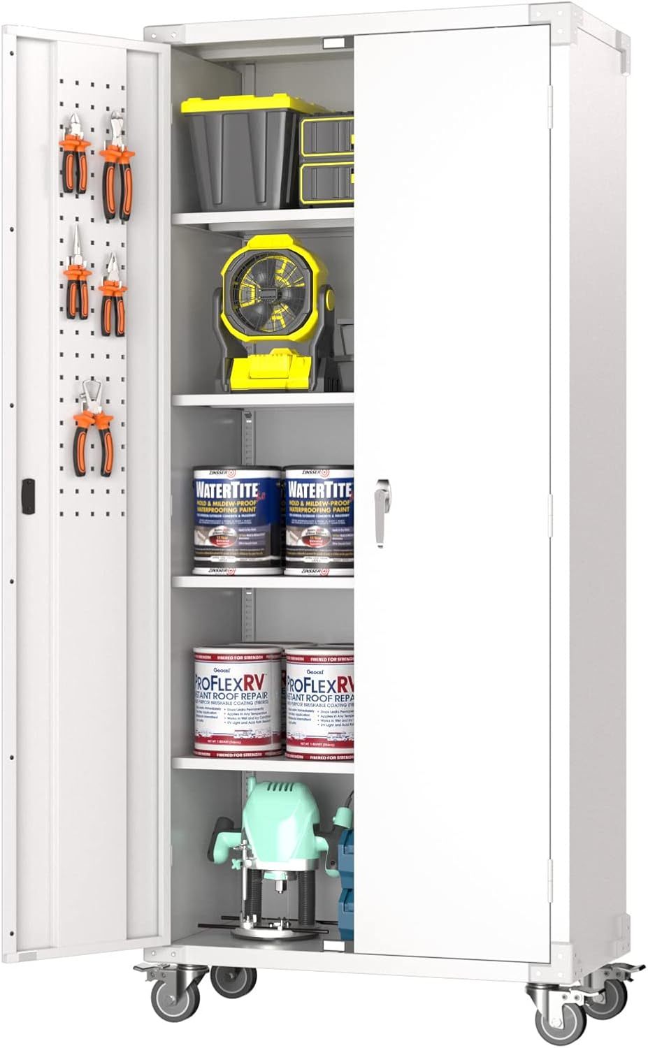 Large Metal Storage Cabinet With Pegboard And Wheels,Lockable Steel Storage Cabinet With 4 Adjustable Shelves, White Metal Cabinet For Garage Home, Office Assembly Required