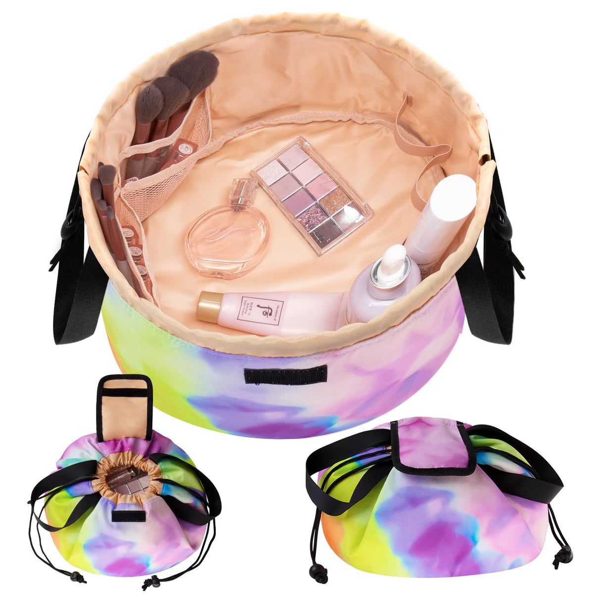 Large Barrel Drawstring Makeup BagTravel Makeup BagPortable Cosmetic Bag Make Up Organizer Bag for Travel Accessories Essentials and Hair ProductGifts for Women Girls(Tie Dye Blue)