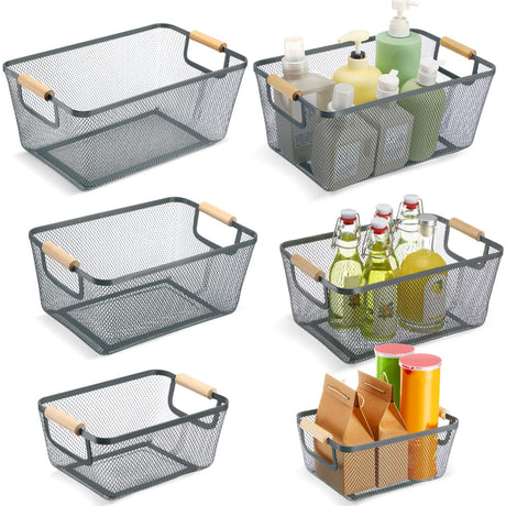 Maxcheck 6 Pack 3 Size Metal Wire Baskets Wooden Handles Steel Mesh Storage Bins Organizer Containers Gift for Home Cabinets Closet Kitchen Food Fruit Freezer Storage Rectangle (Dark Grey)