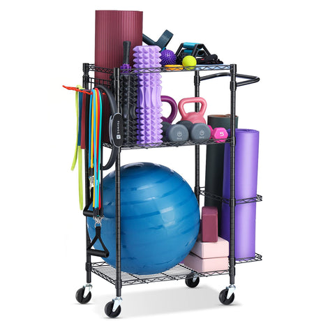 FHXZH Home Gym Storage Rack Workout/Exercise Equipment Storage Organizer with Hooks and Wheels for Yoga Mat & Ball Dumbbell Kettlebells Foam Roller Resistance Bands