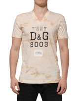 Dolce & Gabbana Beige Logo Print Short Sleeve V-neck T-shirt