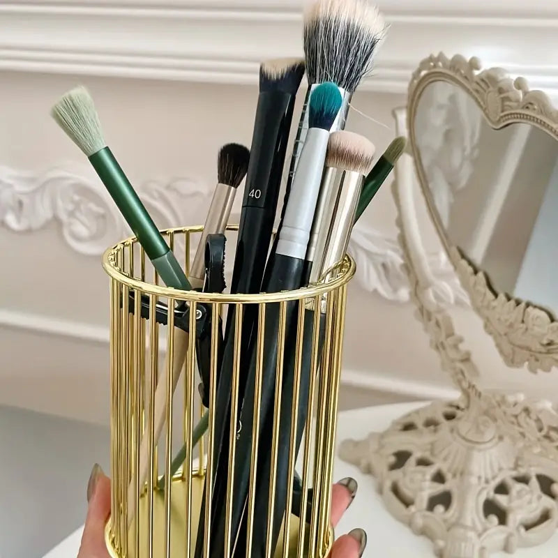 Golden Makeup Brush Holder for Desk and Home Organizer