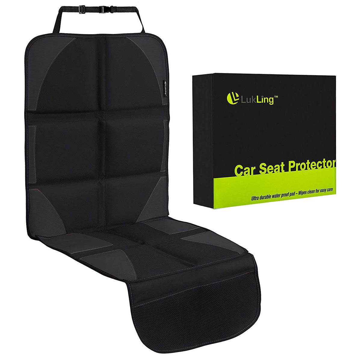 Lukling Car Seat Protector with Thickest and Largest Pad for Leather Seats in Luxury Cars ­- 2 Mesh Organizer Pockets -­ Works Great with Children and Pets (Black with Black Stitching)