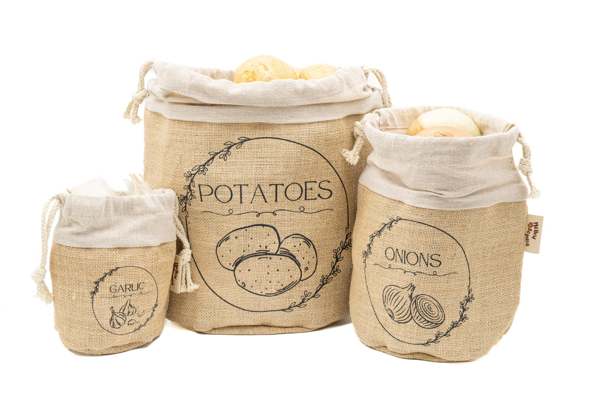 Potato Storage Bag | Natural Jute Potato Onion Garlic Storage Set for Pantry | Breathable & Fresh Onion Potato Storage | Easy to Clean Potato and Onion Storage Bag | Air Flow Light Blocking