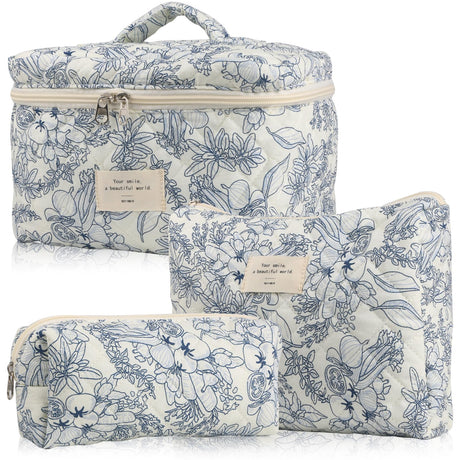 NOYINMIN Cute Makeup Bag for Women(3 Pcs) Quilted Floral Coquette Aesthetic Make up Bags Travel Cosmetic Bags Toiletry Organizer Bag(NavyBlue Flower)
