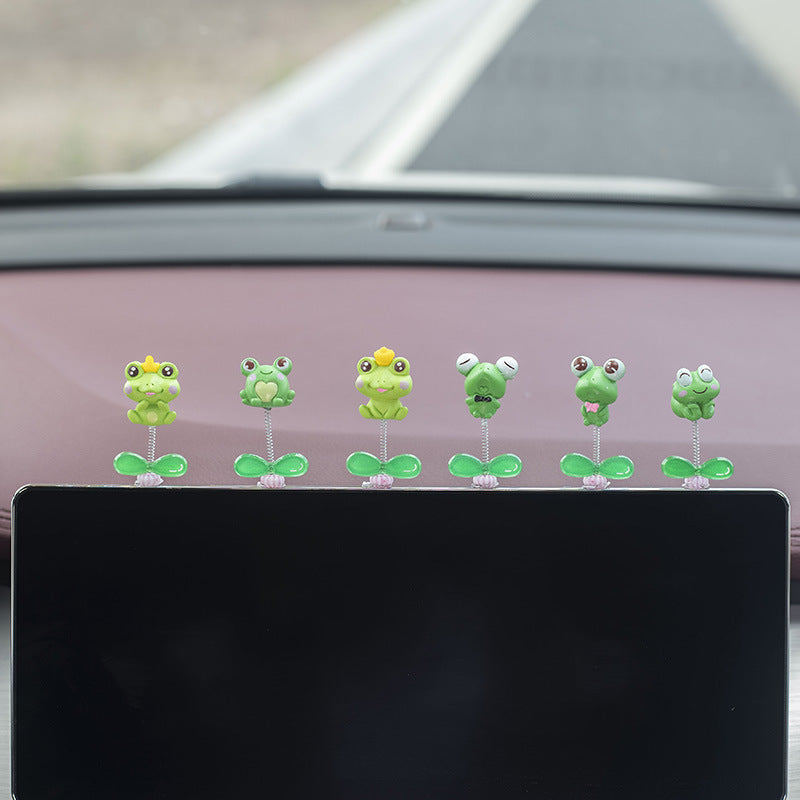 Frog Car Dashboard Bobblehead Decoration with Green Leaves