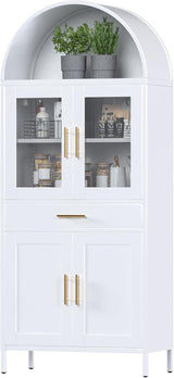 Tall Metal Arched Display Cabinet, Arch Kitchen Pantry Storage Organizer With Doors Shelves Drawers, Modern Freestanding Bookcase For Home Office Bar Living Room White