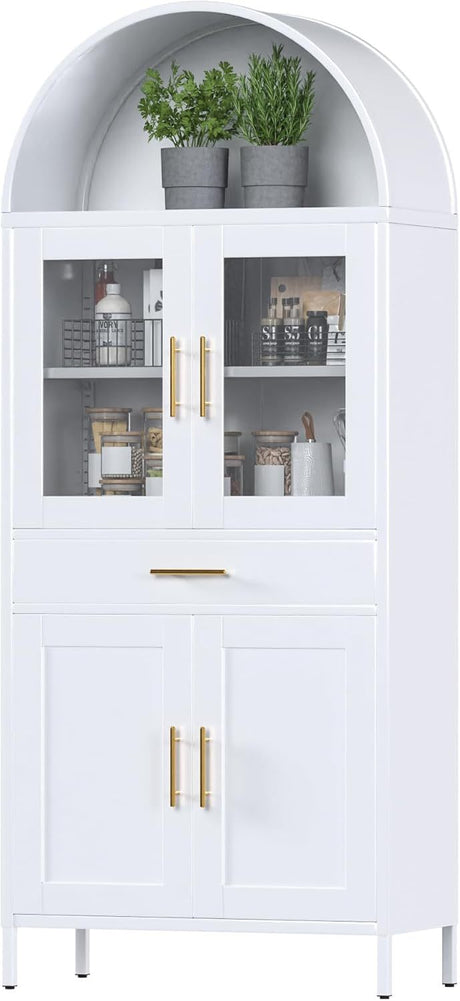Tall Metal Arched Display Cabinet, Arch Kitchen Pantry Storage Organizer With Doors Shelves Drawers, Modern Freestanding Bookcase For Home Office Bar Living Room White
