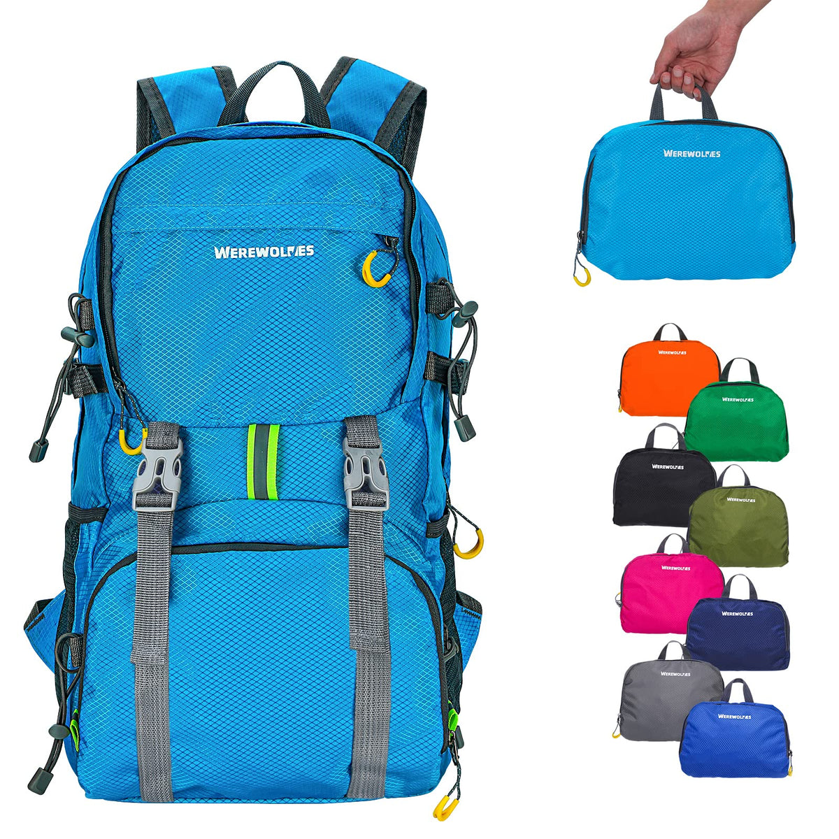 WEREWOLVES Lightweight Waterproof Foldable Small Backpack - Water Resistant Hiking Daypack for Outdoor Camping Travel (20L Light Blue)