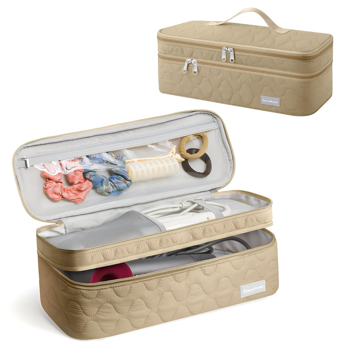 Scandihome Double-Layer Travel Carrying Case Compatible with Revlon One-Step Hair Dryer and Volumizer Hot Air Brush and AttachmentsQuilting Portable Storage Organizer Bag CompatibleKhaki