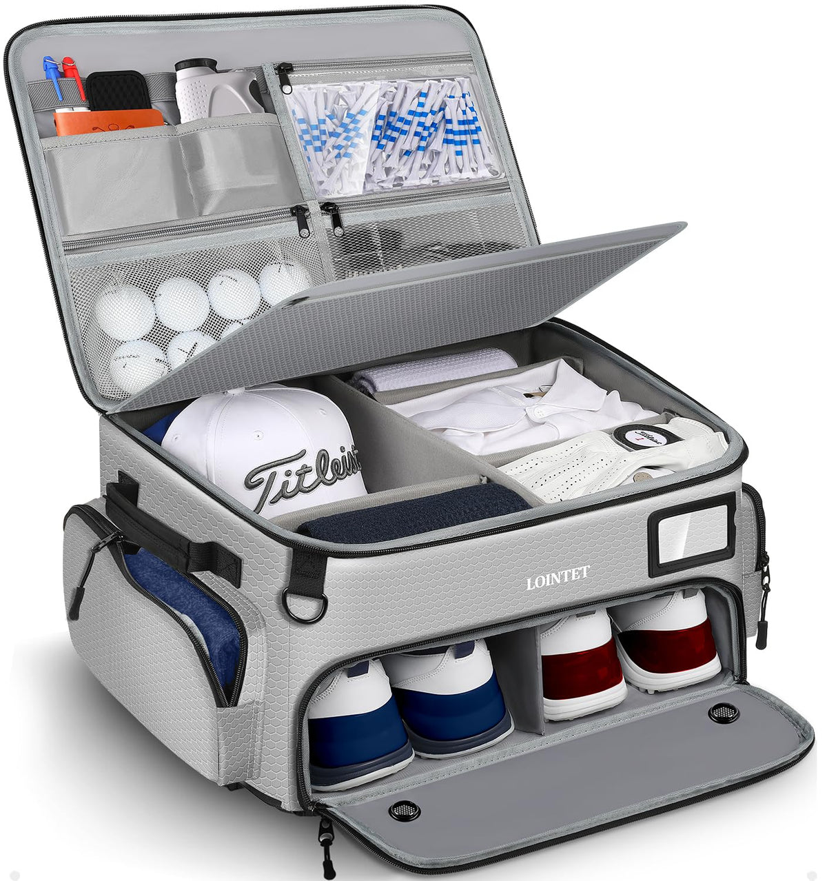 LOINTET Golf Trunk Organizer Waterproof Car Golf Locker with Separate Ventilated Compartment for 2 Pair Shoes Golf Storage for Balls Tees Cap Clothes Gloves Accessories Gifts for Men Women