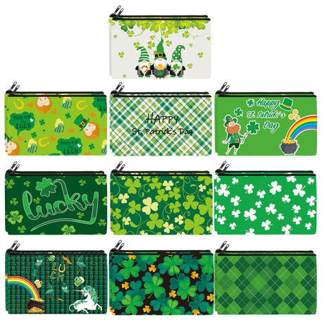 Yahenda 20 Pcs Happy St. Patricks Day Accessories Shamrock Gifts Funny Irish Gnome Makeup Bag Festival Shamrock Clover Cosmetic Bag Green Leaves Pattern Toiletry Organizer for Party Favors 10 Styles