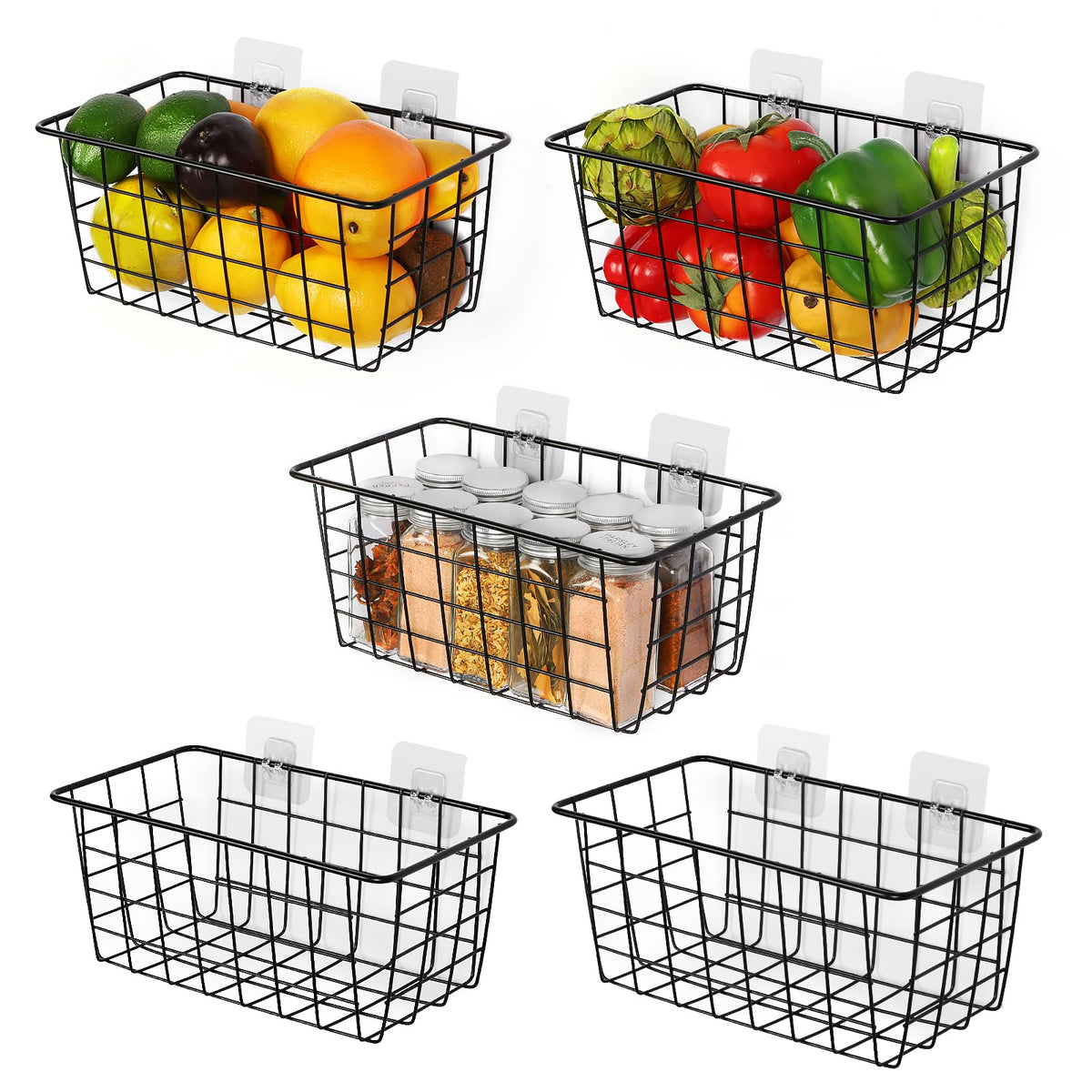 5 Pack Wire Storage Baskets Hanging Wall Basket Premium Metal Storage Bin Organizer Basket for Home Office Kitchen Pantry Bathroom Countertop Black