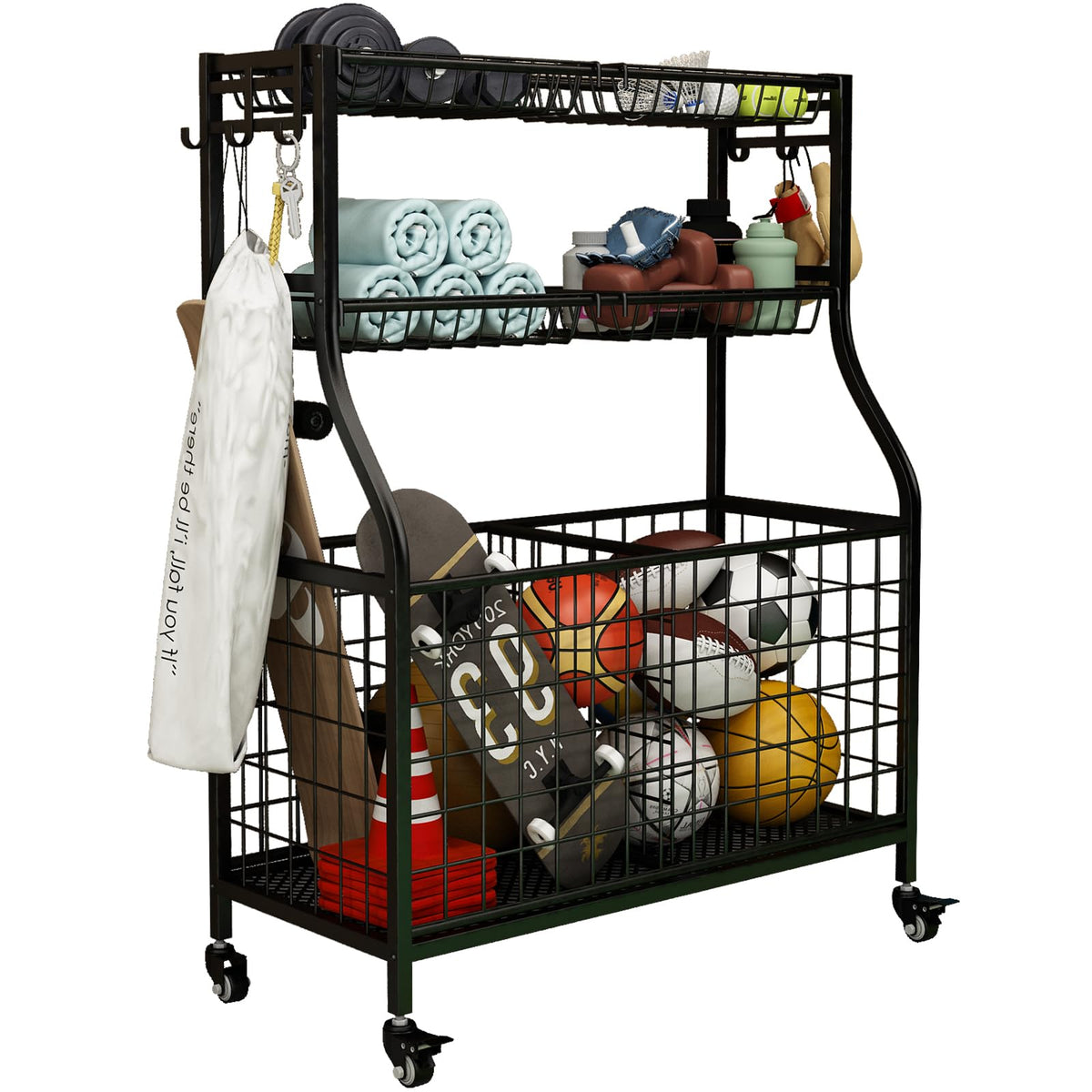 INGIORDAR Garage Organization Sports Equipment Organizer Ball Rack Rolling Sports Gear Storage Cart Outdoor with Baskets Hooks Wheels Black