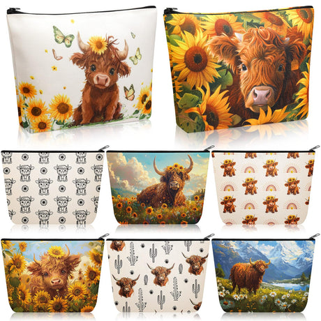Bulyoou 8 Pcs Highland Cow Gifts for Women Western Makeup Bag Sunflower Highland Cow Print Cosmetic Bag Travel Organizer Zipper Pouch Western Accessories for Highland Cow Lover Cowgirl Christmas Gifts