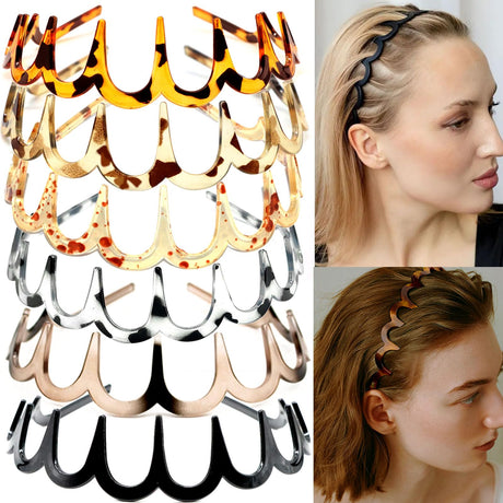 Supgoodom 6 PCS Zig Zag Headbands Plastic Wavy Hair Head Band Comb with Teeth Hoop Accessories for Women Men Girls Fashion Tortoiseshell&Amber