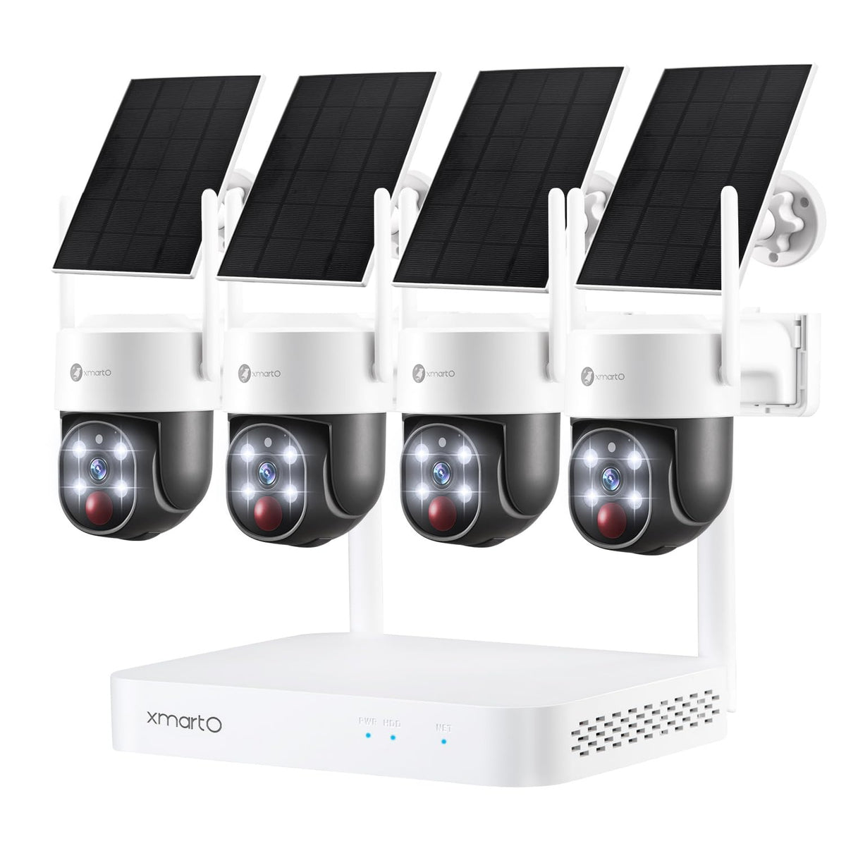 XMARTO 100% Wire-Free Solar PTZ Home Security Camera System Wireless 4-Set 2K 4MP QHD CCTV Camera Kit with 4K 10CH Expandable WiFi NVR and Past 90-Day Video Storage All-Weather Solar Charge