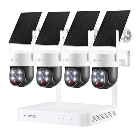 XMARTO 100% Wire-Free Solar PTZ Home Security Camera System Wireless 4-Set 2K 4MP QHD CCTV Camera Kit with 4K 10CH Expandable WiFi NVR and Past 90-Day Video Storage All-Weather Solar Charge