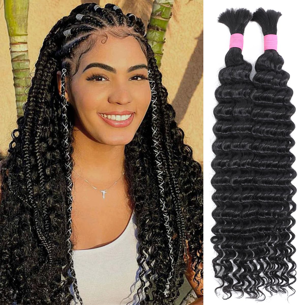 Human Braiding Hair for Boho Braids 20 Inch 2 Bundles 100g Deep Wave Bulk Human Boho Hair for Braiding 12A Virgin Curly Human Hair for Boho Knotless Braids Human Hair Bundles (Natural Color 20 Inch)