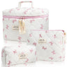 Peaujiey Quilted Makeup Bag Set 3 PCS Pink Bow Makeup Bag for Women and Girls Large Cotton Cosmetic Bag Pink Flower Travel Toiletry Bag