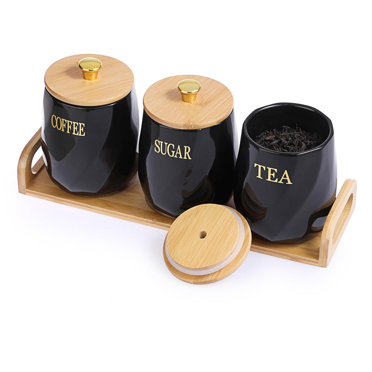 OGANAZI 3 Pack Ceramic Canister Set with Bamboo Lids and Handle Tray Coffee Tea Sugar Container Set Black Ceramic Storage Jar Kitchen Canister for Countertop