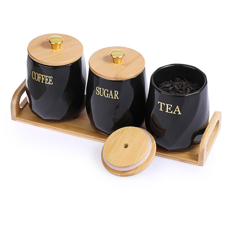 OGANAZI 3 Pack Ceramic Canister Set with Bamboo Lids and Handle Tray Coffee Tea Sugar Container Set Black Ceramic Storage Jar Kitchen Canister for Countertop