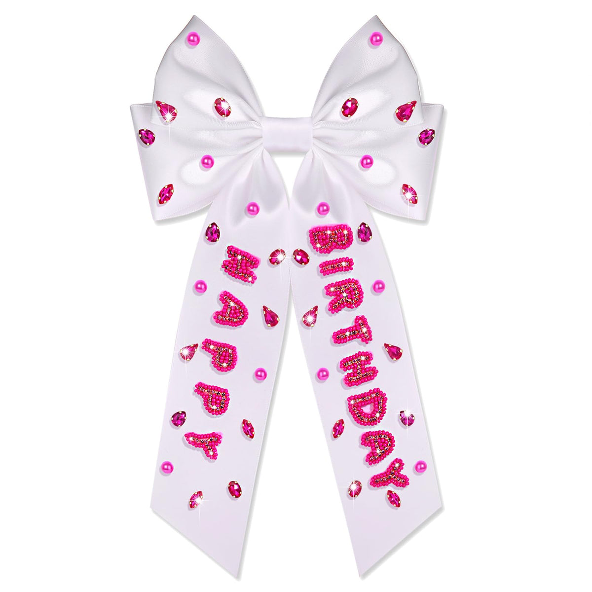 Birthday Hair Bows for Women Crown Birthday Girl Hair Bow Clips Crystal Pearl Star Jeweled Big Hair Bows Pink Bow Satin Hair Ribbons Birthday Hair Accessories Gifts Party Favors (Pattern D1)