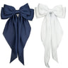 Satin Hair Barrettes Clip for Women Large Bow Hair Slides Metal Clips French Barrette Bowknot with Long Tail Silk Hair Bow Hairpin 90s Hair Accessories (White+Navy Blue)
