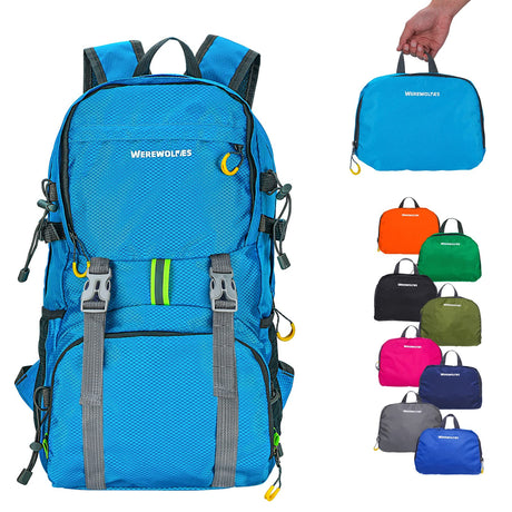 WEREWOLVES Lightweight Waterproof Foldable Small Backpack - Water Resistant Hiking Daypack for Outdoor Camping Travel (20L Light Blue)