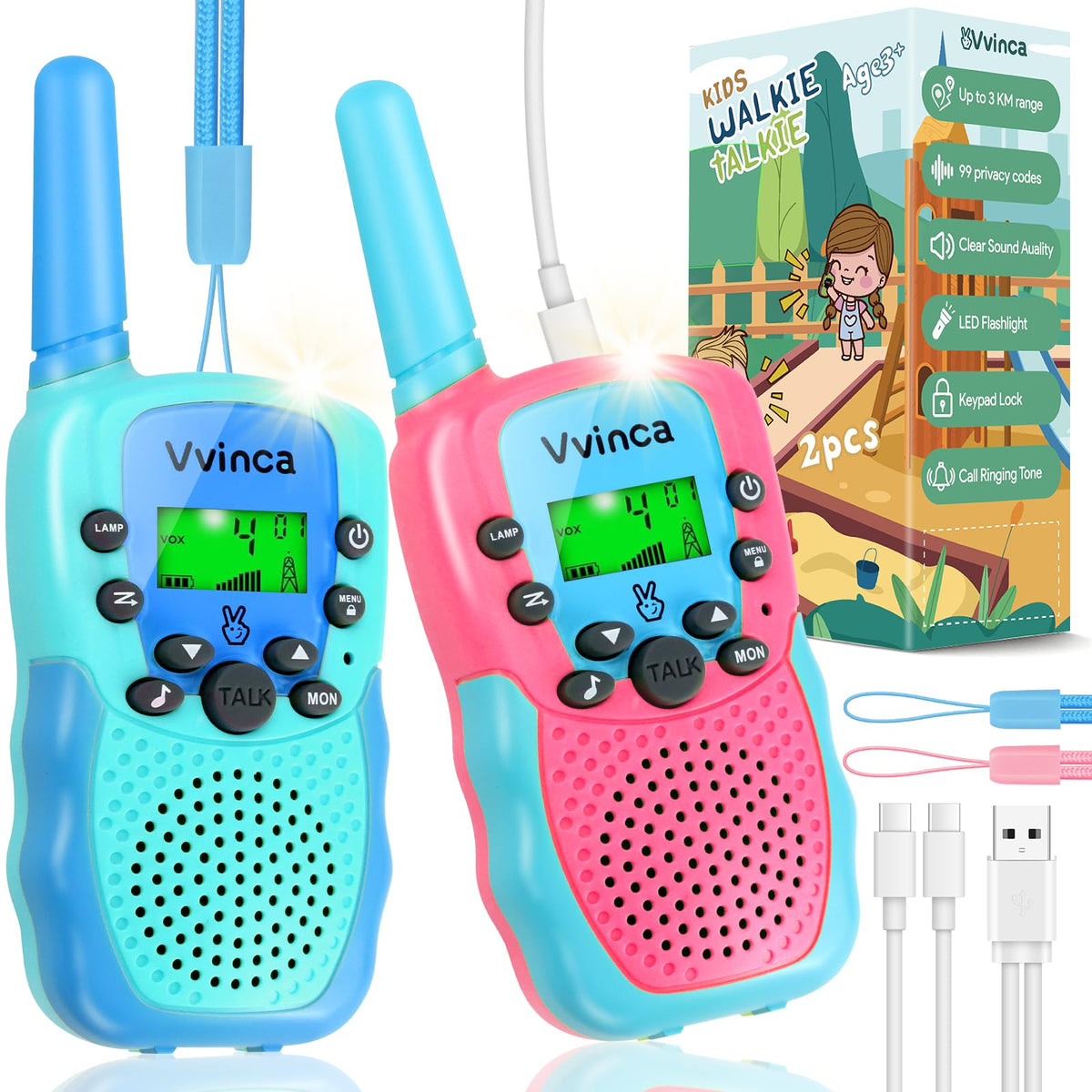 Vvinca Rechargeable Walkie Talkies for Kids Long Range 22 Channels 2 Way Kids Walkie Talkie with Flashlight for Camping Hiking Indoor Outdoor Toy 3 4 5 6-12 Boy Girl Christmas Birthday Gifts 2 Packs