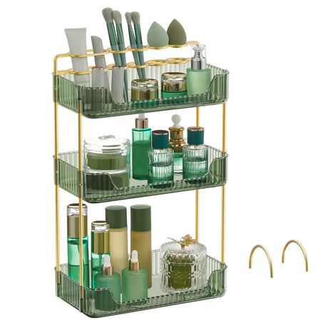 SONGMICS Makeup Organizer 3-Tier Skincare Organizer Countertop Customizable 2 Types of Accessories Jewelry Holder for Vanity Bedroom Bathroom Pale Green UJKA013C01