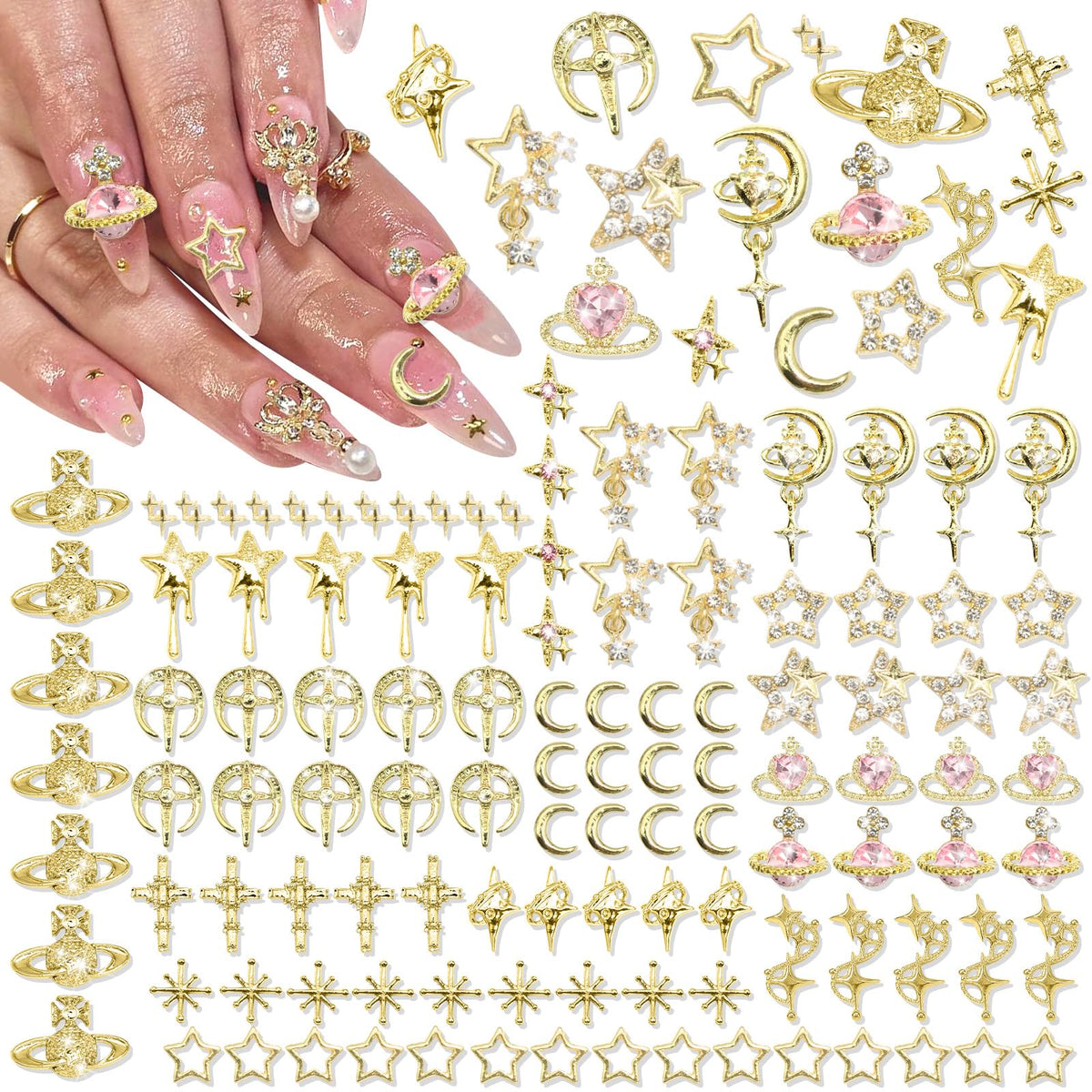 RODAKY 128PCS Gold 3D Star Cross Nail Charms Pink Saturn Planet Nail Art Charms with Crystal Rhinestone Nail Art Decoration Y2K Nail Gems Jewels Accessories for Nail Art Supplies Manicure Craft DIY