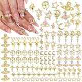 RODAKY 128PCS Gold 3D Star Cross Nail Charms Pink Saturn Planet Nail Art Charms with Crystal Rhinestone Nail Art Decoration Y2K Nail Gems Jewels Accessories for Nail Art Supplies Manicure Craft DIY