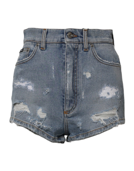 Dolce & Gabbana Blue Tattered Denim Cotton Hot Pants Shorts