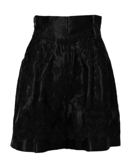 Dolce & Gabbana Black Floral Embroidery Silk High Waist Shorts
