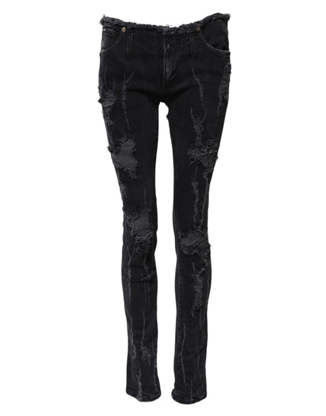 Dolce & Gabbana Black Cotton Tattered Skinny Denim Jeans