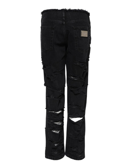 Dolce & Gabbana Black Cotton Tattered Mid Waist Denim Jeans